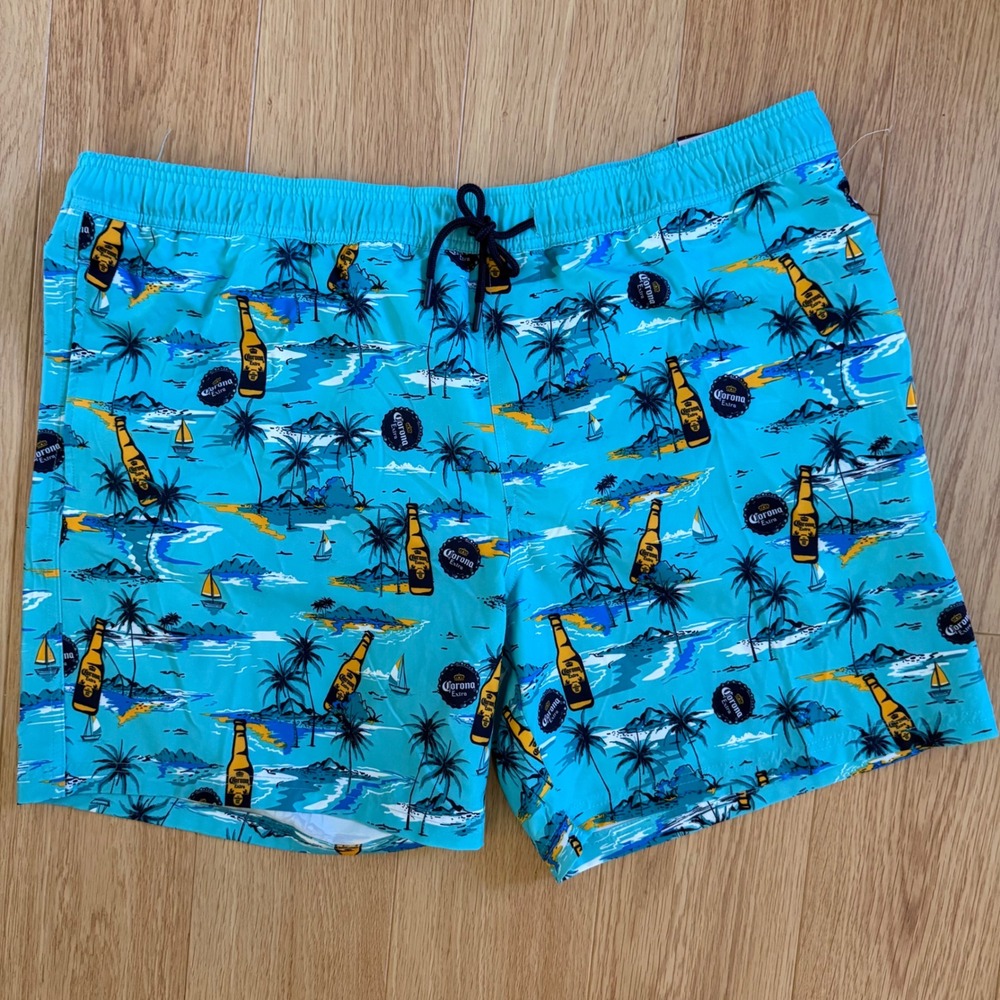 NWT Corona Board Shorts Mens 2XL Blue Tropical Beer Bottle Print Swim Trunks
